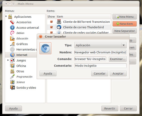 Editor de menú de Ubuntu Alacarte